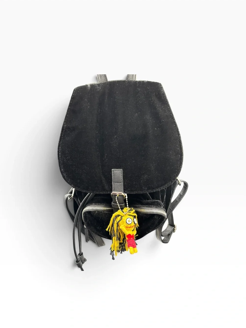 Black Velvet Backpack with Zumbies “Untalented Talia” Lucky Juju Doll Charm